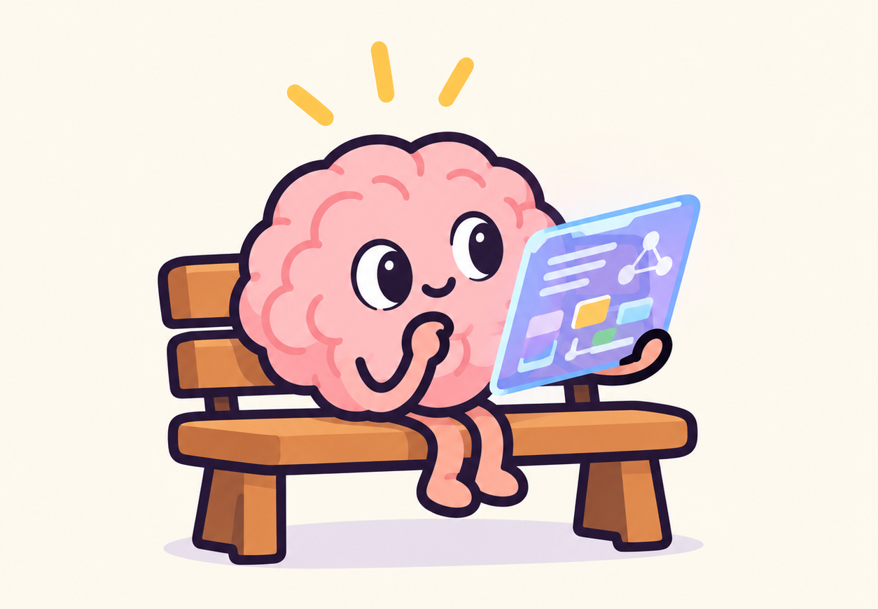 WorkspaceBench mascot: a brain reading on a bench